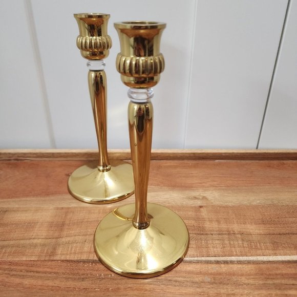 Set of 2 Partylite Gold Tone Brass Taper Candlestick Candleholders 7” - Picture 5 of 12